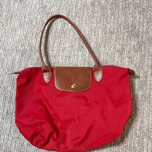 Longchamp Red Tote with Brown Leather Trim